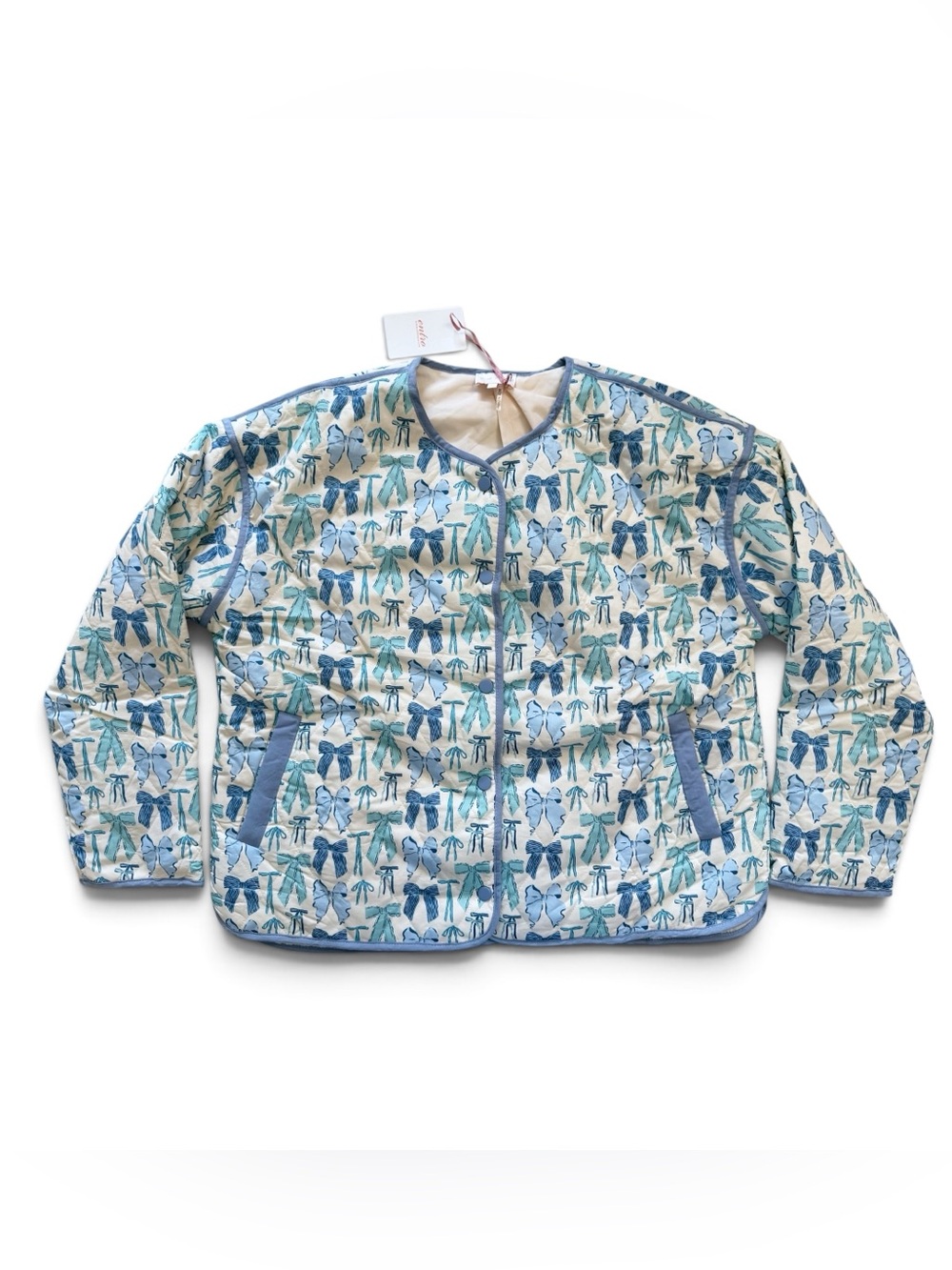 entro Women's Quilted Jacket in Blue and Cream Bow Print L Large NWT